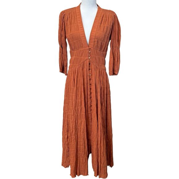 CULT GAIA Willow Ruched Panelled Cotton Blend Dress In Spice Size M - Picture 2 of 14
